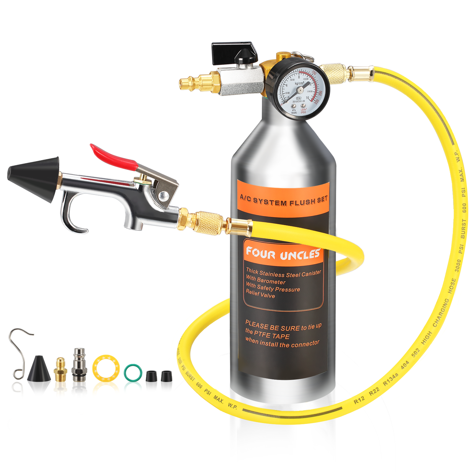FOUR UNCLES AC Flush Kit - Air Conditioner System Cleaning Tool Set with Stainless Steel Canister and Nylon Hose & Flushing Spray Gun for R134a R12 R22 R410a R404a