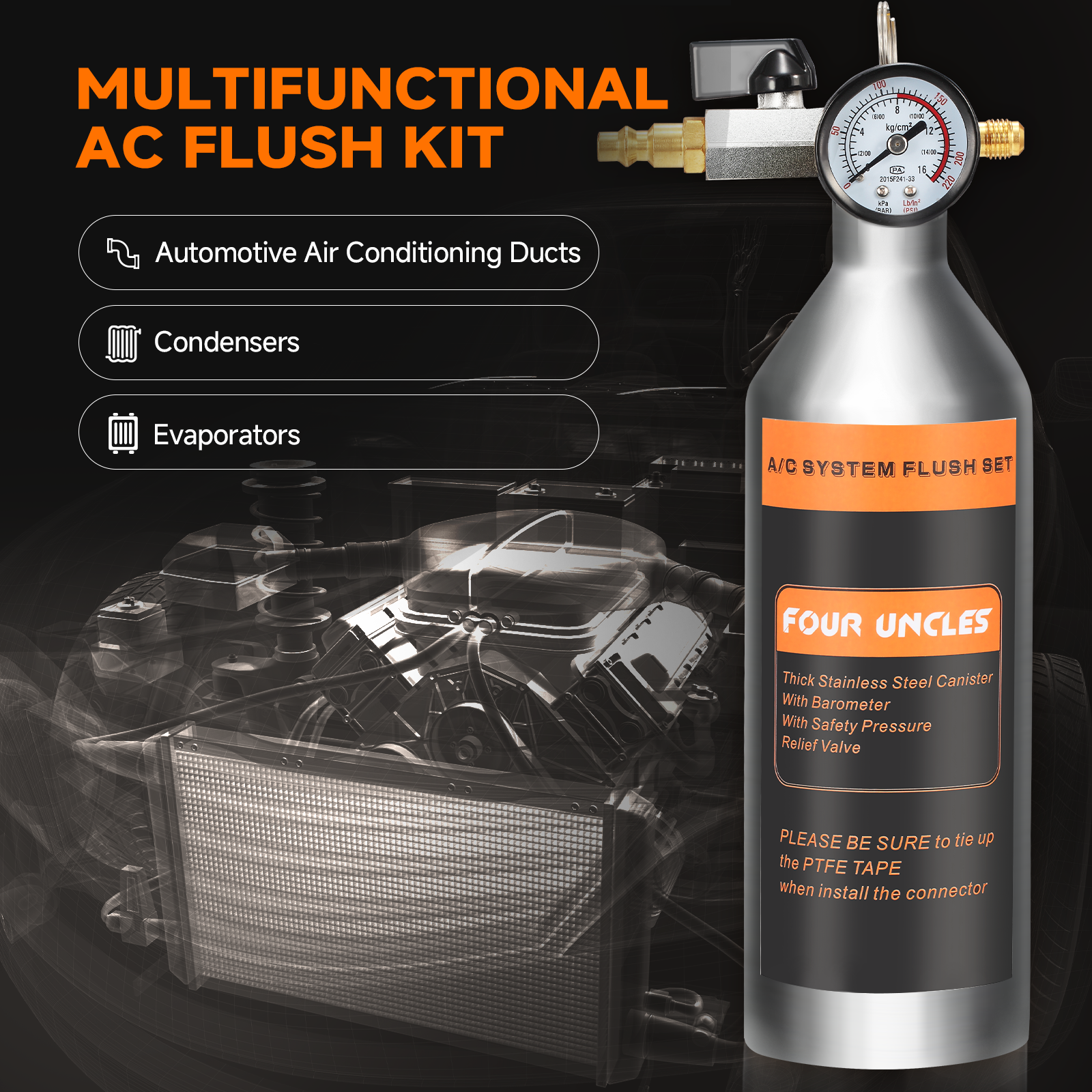 FOUR UNCLES AC Flush Kit - Air Conditioner System Cleaning Tool Set with Stainless Steel Canister and Nylon Hose & Flushing Spray Gun for R134a R12 R22 R410a R404a