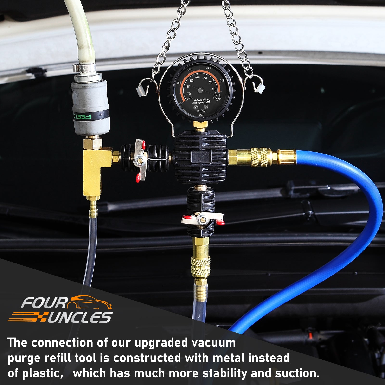 FOUR UNCLES Radiator & Coolant Pressure Tester and Vacuum Refill Kit - 28-Piece Universal Cooling System Leak Tester and Refiller for Cars Motorcycles Trucks (Black)