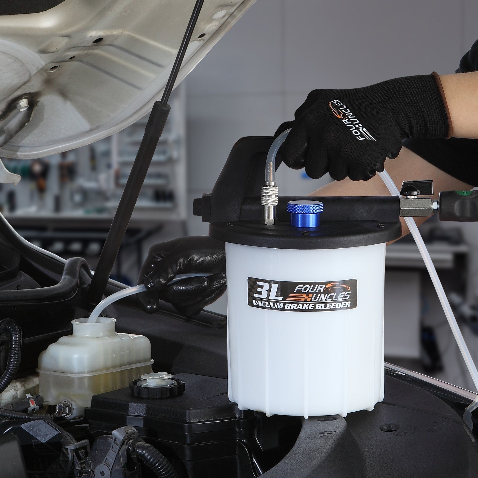 FOUR UNCLES 3L Brake Bleeder Vacuum Pump Kit - Pneumatic Brake Fluid Extractor with 1L Refilling Bottle & Adapters for Automotive Bleeding, One-Person Operation