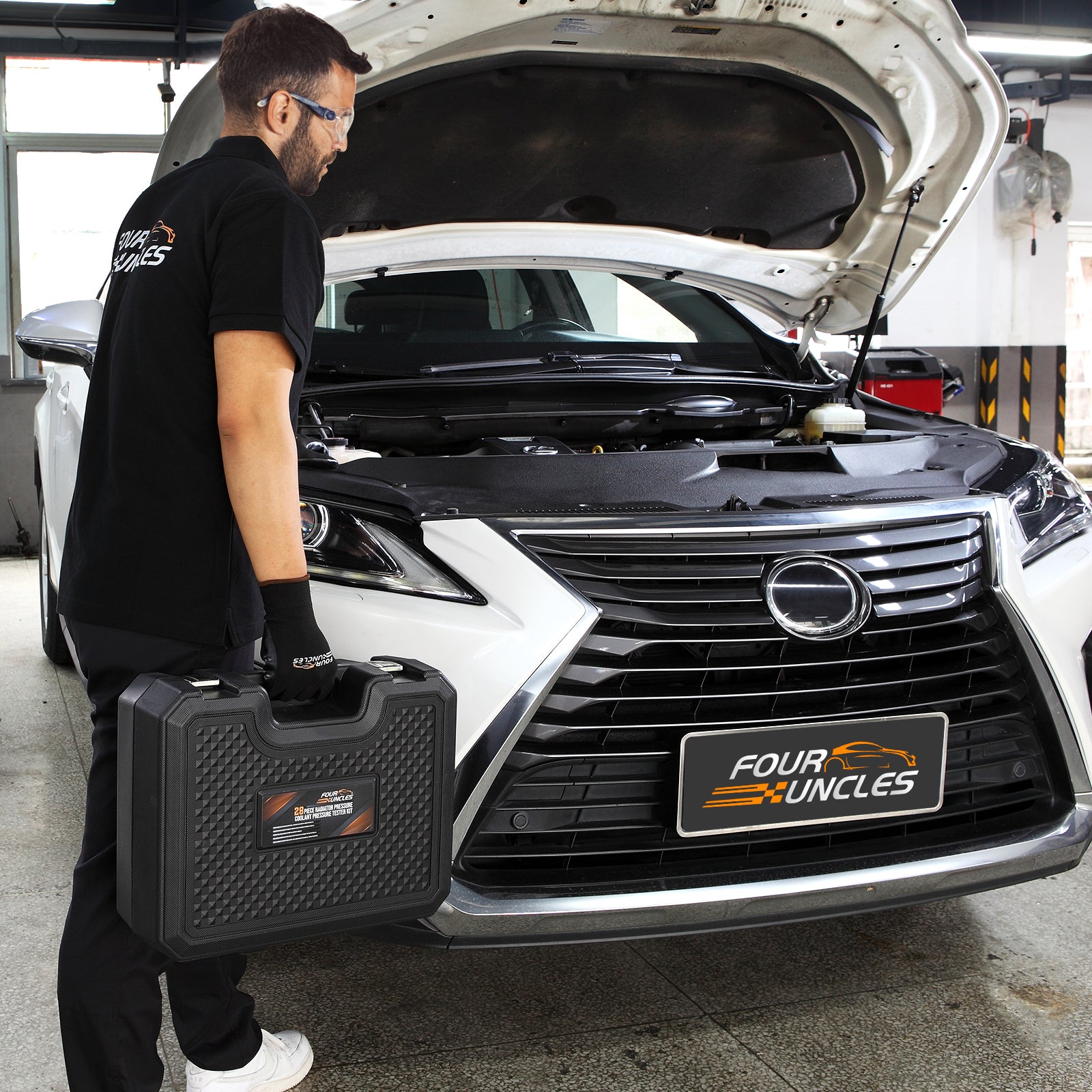 FOUR UNCLES Radiator & Coolant Pressure Tester and Vacuum Refill Kit - 28-Piece Universal Cooling System Leak Tester and Refiller for Cars Motorcycles Trucks (Black)