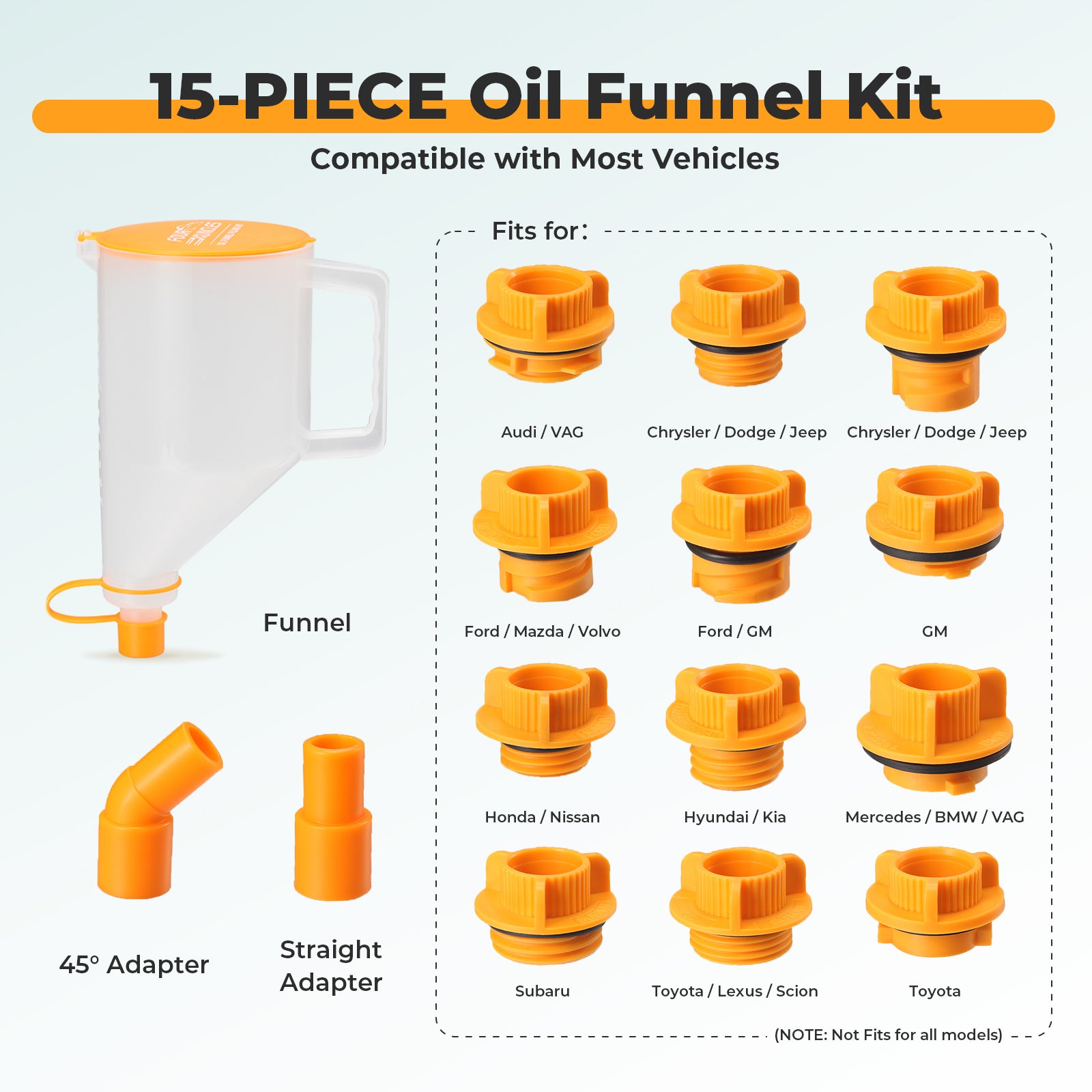 FOUR UNCLES 15-Piece No-Spill Engine Oil Funnel Kit for Automotive Use - 1.5 Qt Funnel with 14 Adapters for Easy Filling, One-Hand Operation