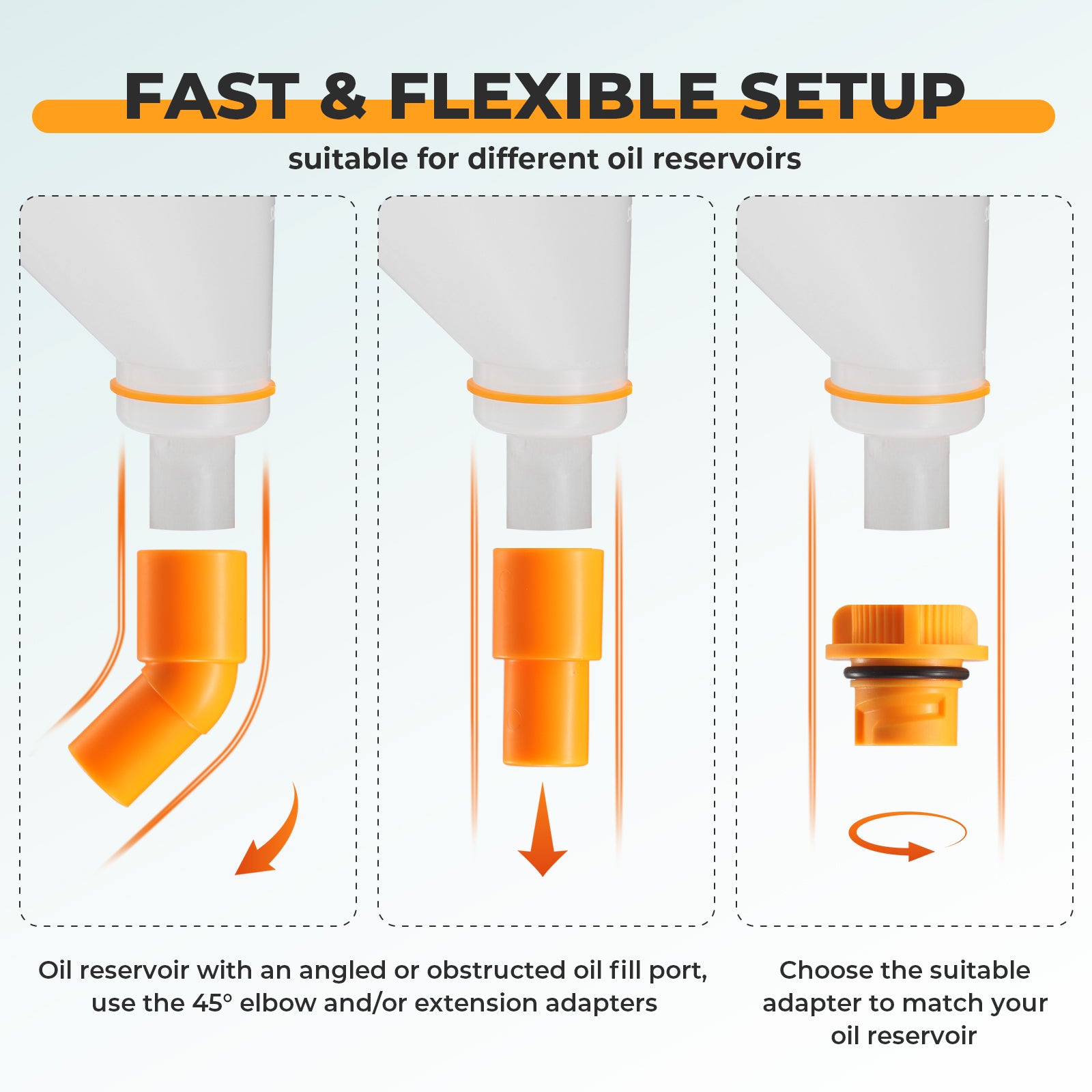 FOUR UNCLES 15-Piece No-Spill Engine Oil Funnel Kit for Automotive Use - 1.5 Qt Funnel with 14 Adapters for Easy Filling, One-Hand Operation