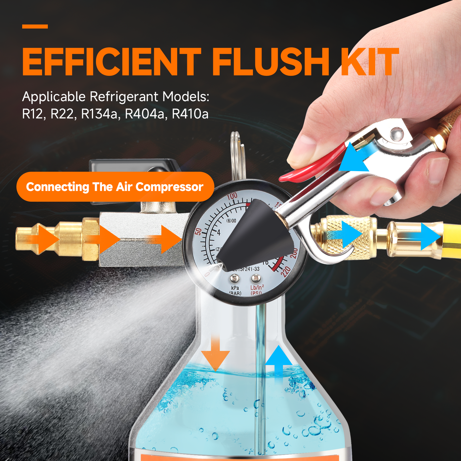 FOUR UNCLES AC Flush Kit - Air Conditioner System Cleaning Tool Set with Stainless Steel Canister and Nylon Hose & Flushing Spray Gun for R134a R12 R22 R410a R404a