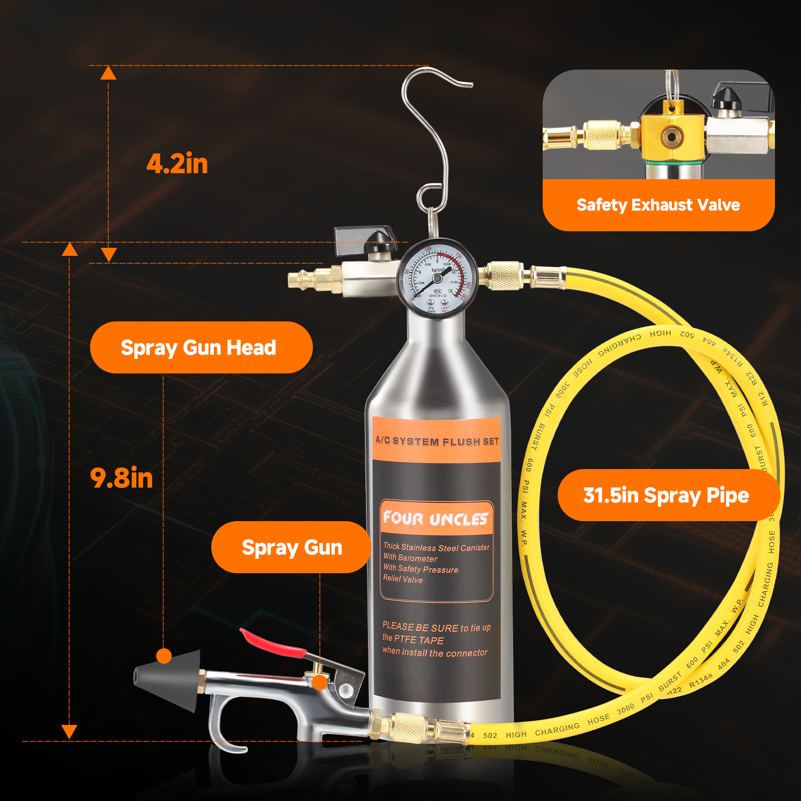 FOUR UNCLES AC Flush Kit - Air Conditioner System Cleaning Tool Set with Stainless Steel Canister and Nylon Hose & Flushing Spray Gun for R134a R12 R22 R410a R404a