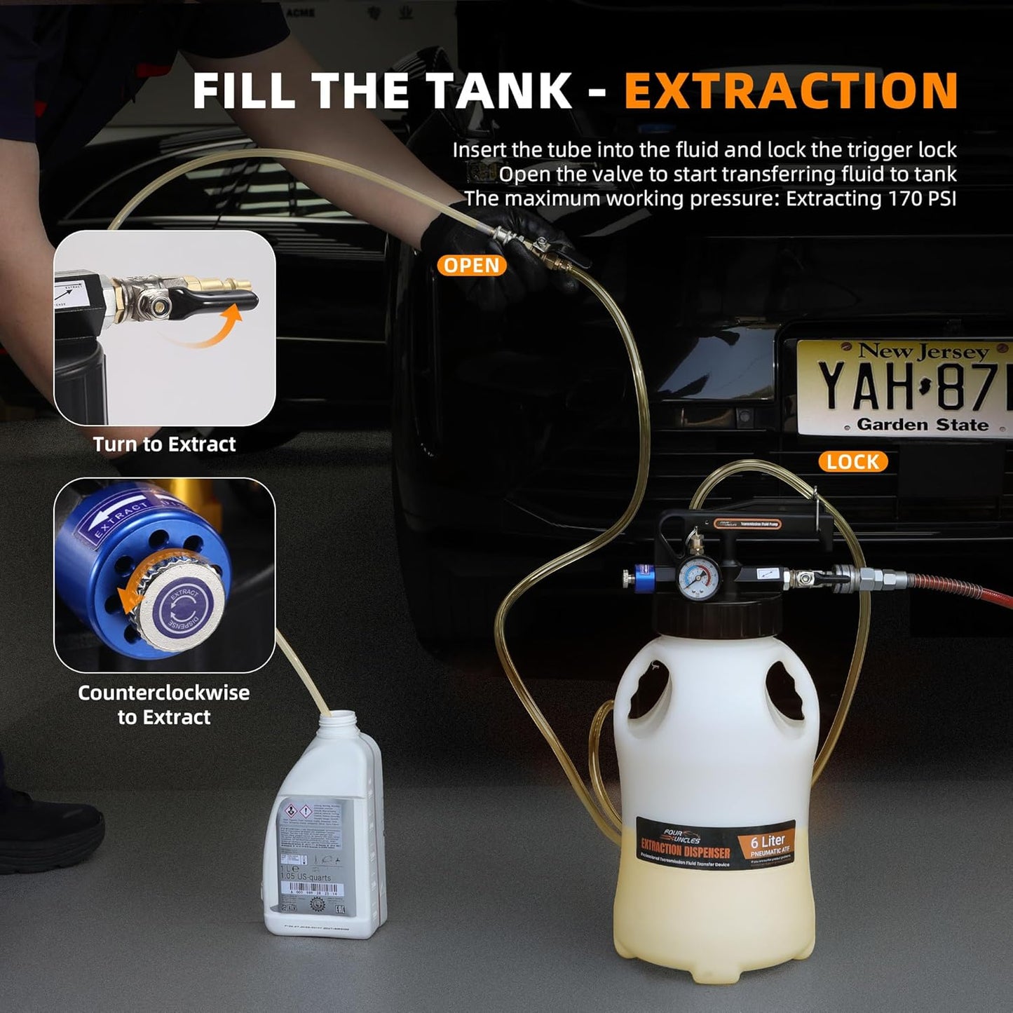 FOUR UNCLES 6L Pneumatic Transmission Fluid Pump Kit – Metal ATF Adapters & European Connector