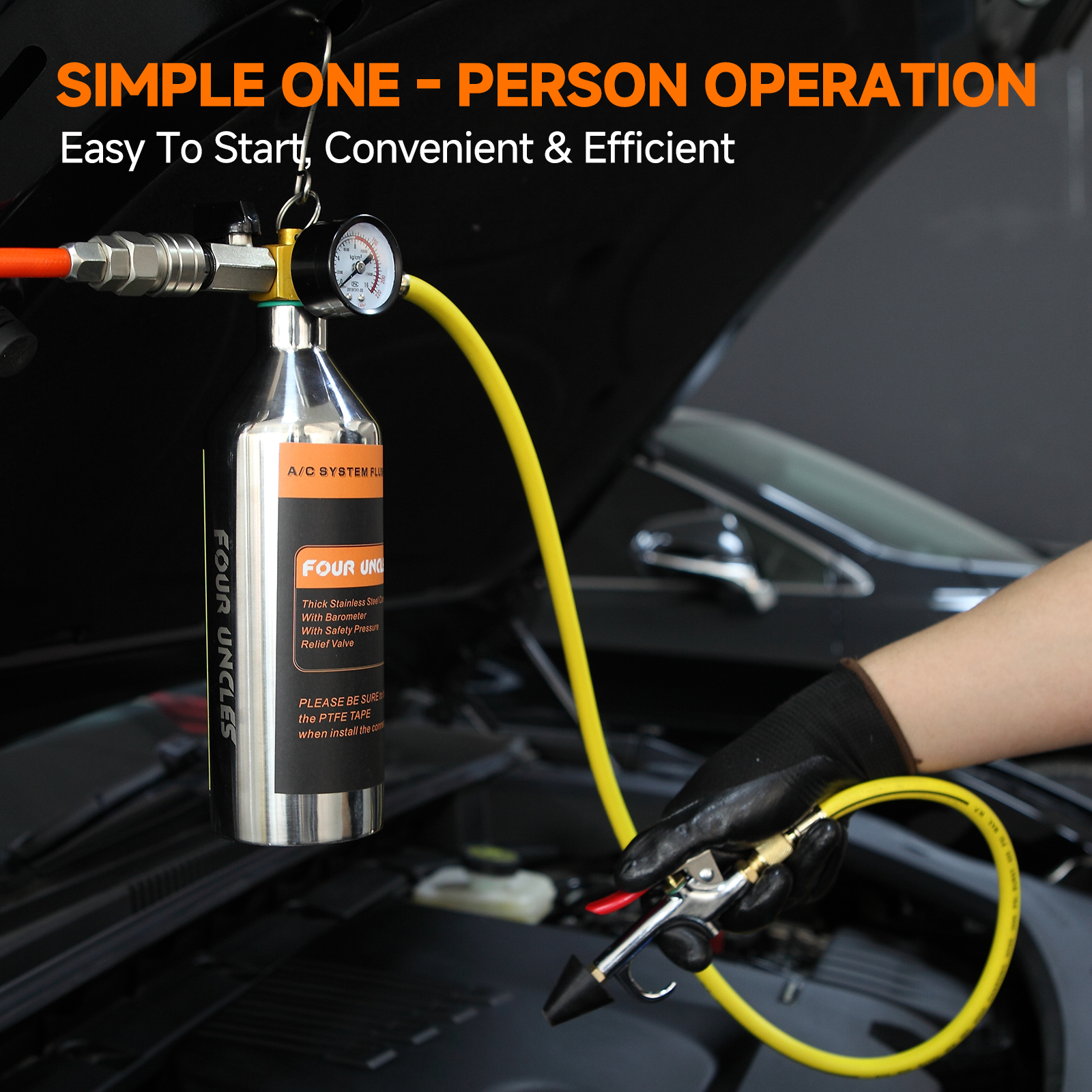 FOUR UNCLES AC Flush Kit - Air Conditioner System Cleaning Tool Set with Stainless Steel Canister and Nylon Hose & Flushing Spray Gun for R134a R12 R22 R410a R404a