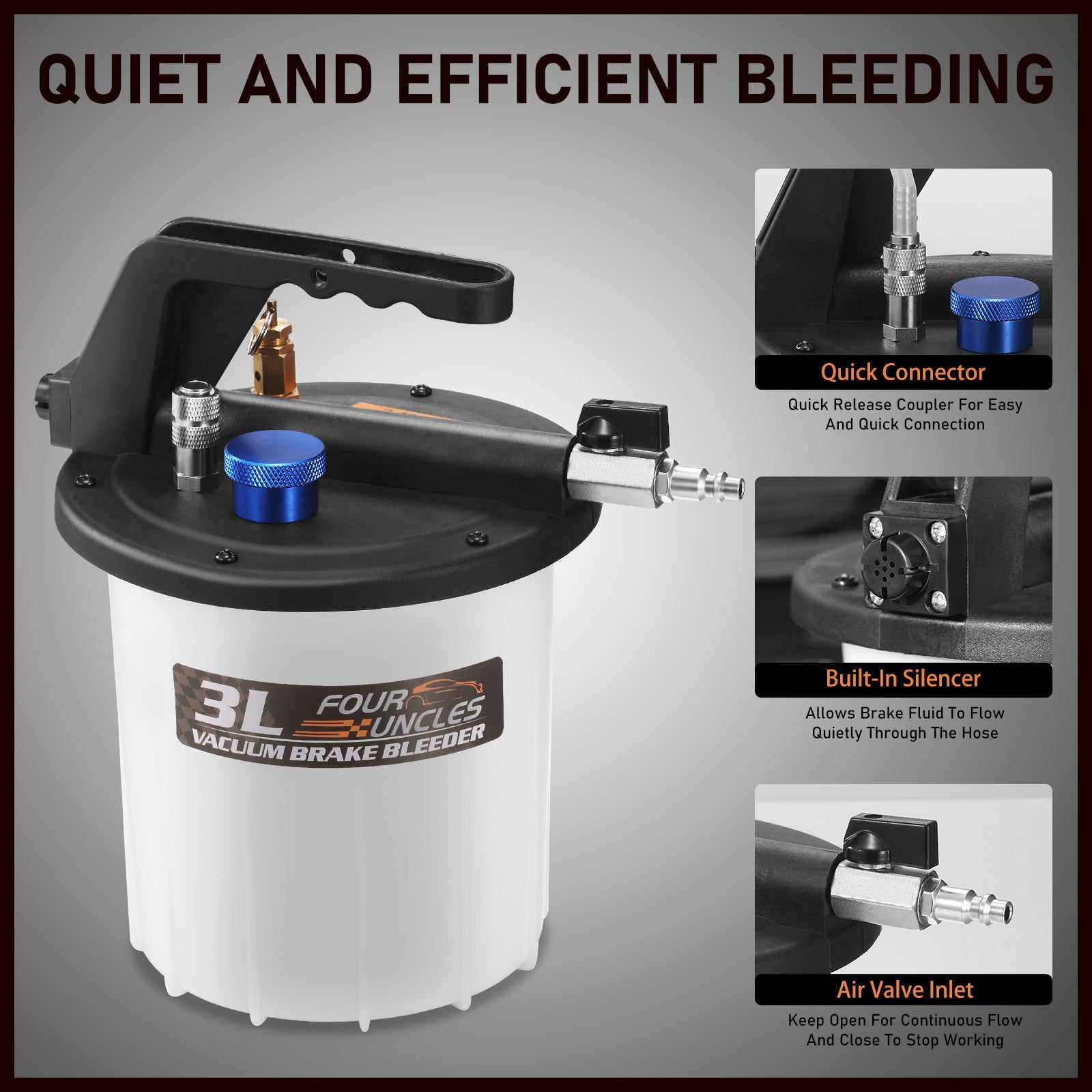FOUR UNCLES 3L Brake Bleeder Vacuum Pump Kit - Pneumatic Brake Fluid Extractor with 1L Refilling Bottle & Adapters for Automotive Bleeding, One-Person Operation