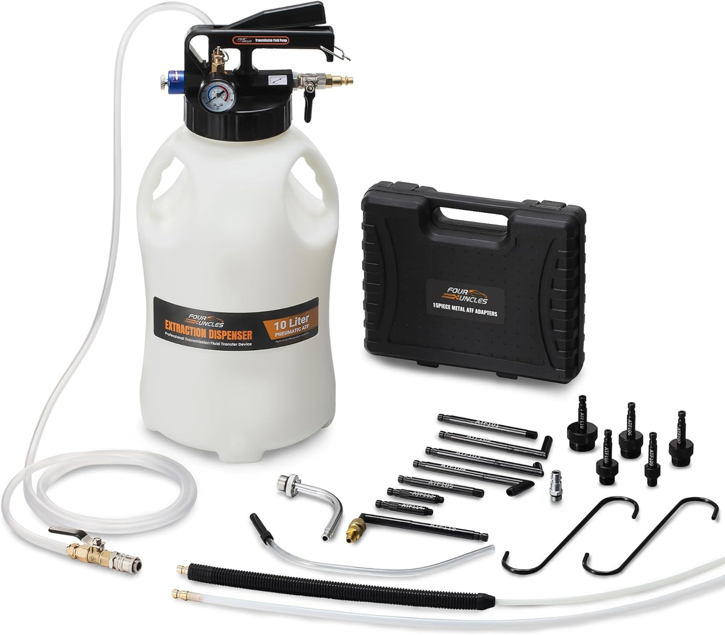 FOUR UNCLES 10L Pneumatic Transmission Pump – Metal ATF Adapters, 2-Way Mode & European Connector