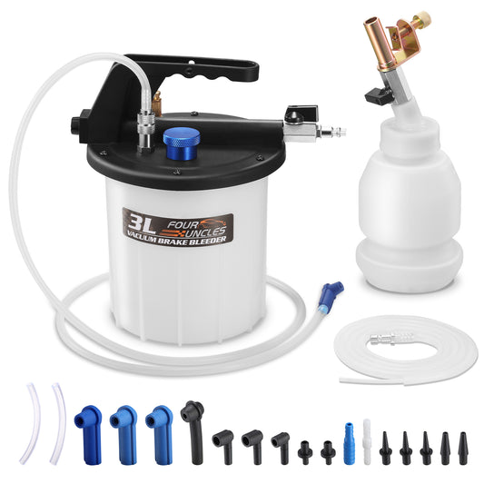 FOUR UNCLES 3L Pneumatic Brake Bleeder Kit – 1L Refill Bottle, EU/US Air Valves & 120'' Reach