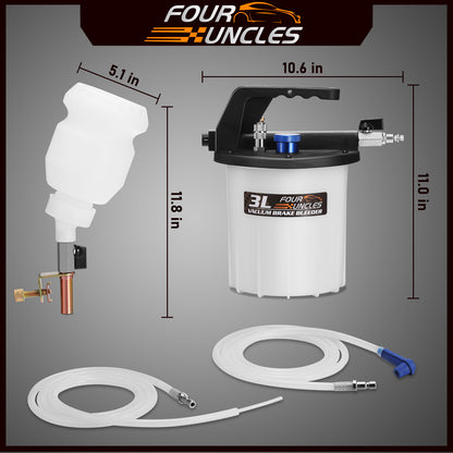 FOUR UNCLES 3L Pneumatic Brake Bleeder Kit – 1L Refill Bottle, EU/US Air Valves & 120'' Reach