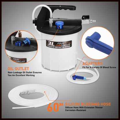 FOUR UNCLES 3L Pneumatic Brake Bleeder Kit – 1L Refill Bottle, EU/US Air Valves & 120'' Reach