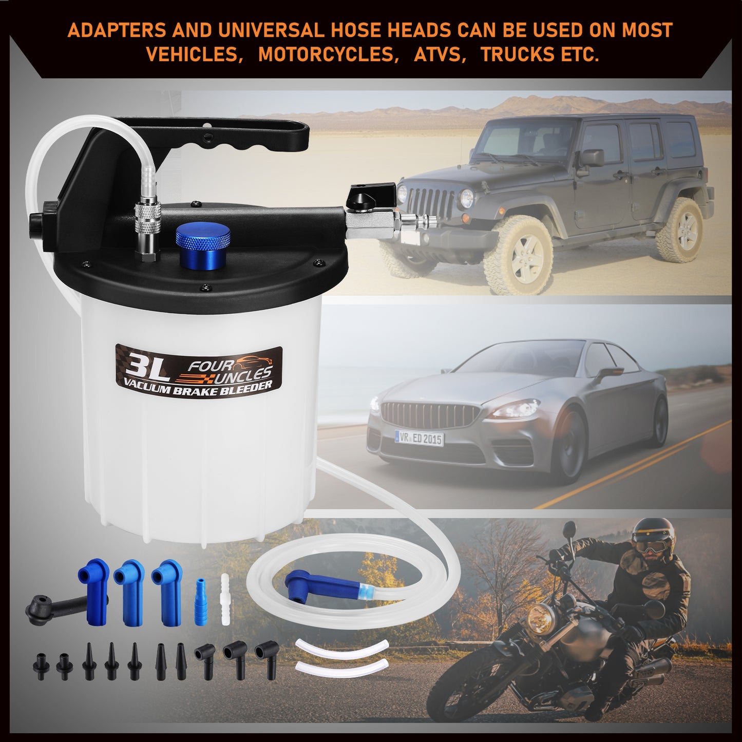 FOUR UNCLES 3L Pneumatic Brake Bleeder Kit – 1L Refill Bottle, EU/US Air Valves & 120'' Reach