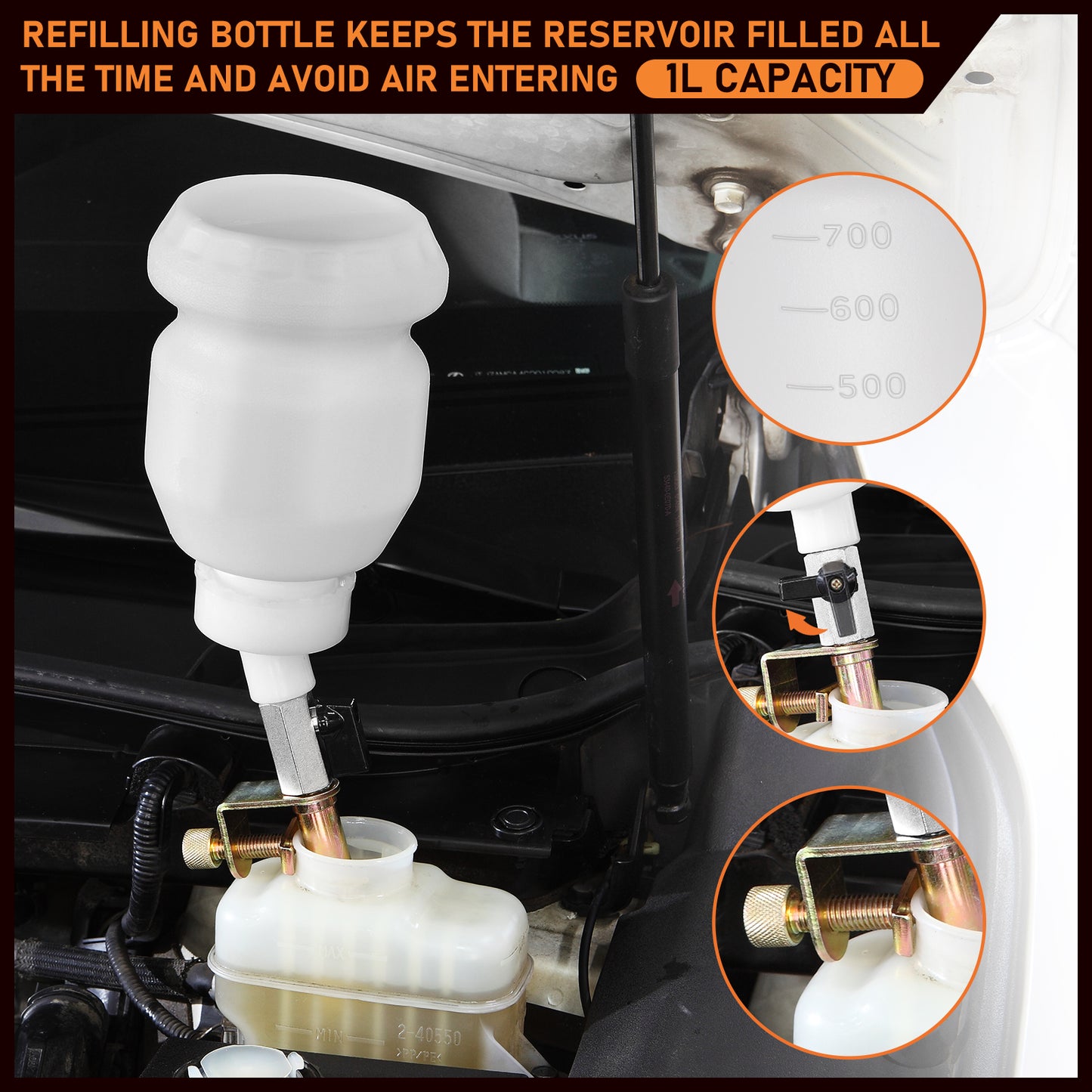 FOUR UNCLES 3L Pneumatic Brake Bleeder Kit – 1L Refill Bottle, EU/US Air Valves & 120'' Reach