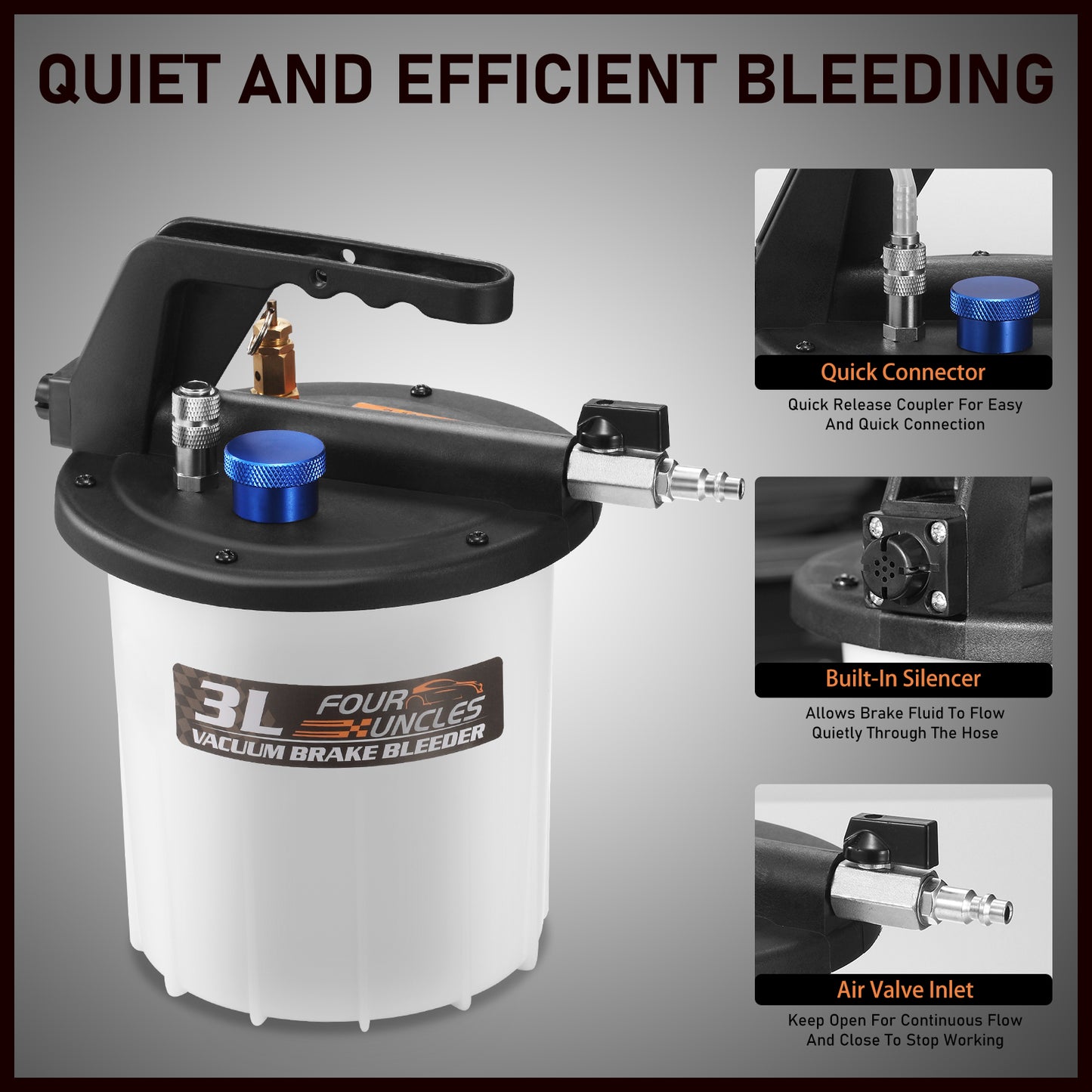 FOUR UNCLES 3L Pneumatic Brake Bleeder Kit – 1L Refill Bottle, EU/US Air Valves & 120'' Reach