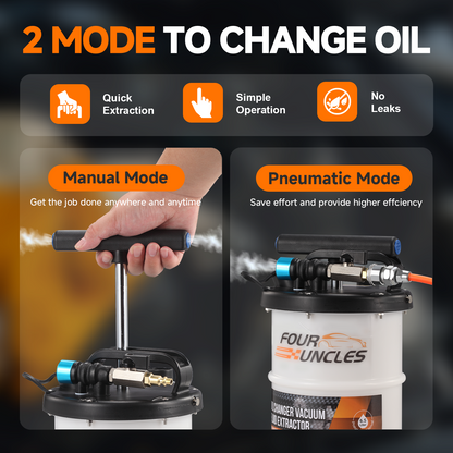 FOUR UNCLES 6.5L Manual & Pneumatic Oil Extractor – 1/4'' NPT Quick Coupler & US/EU Air Adapters