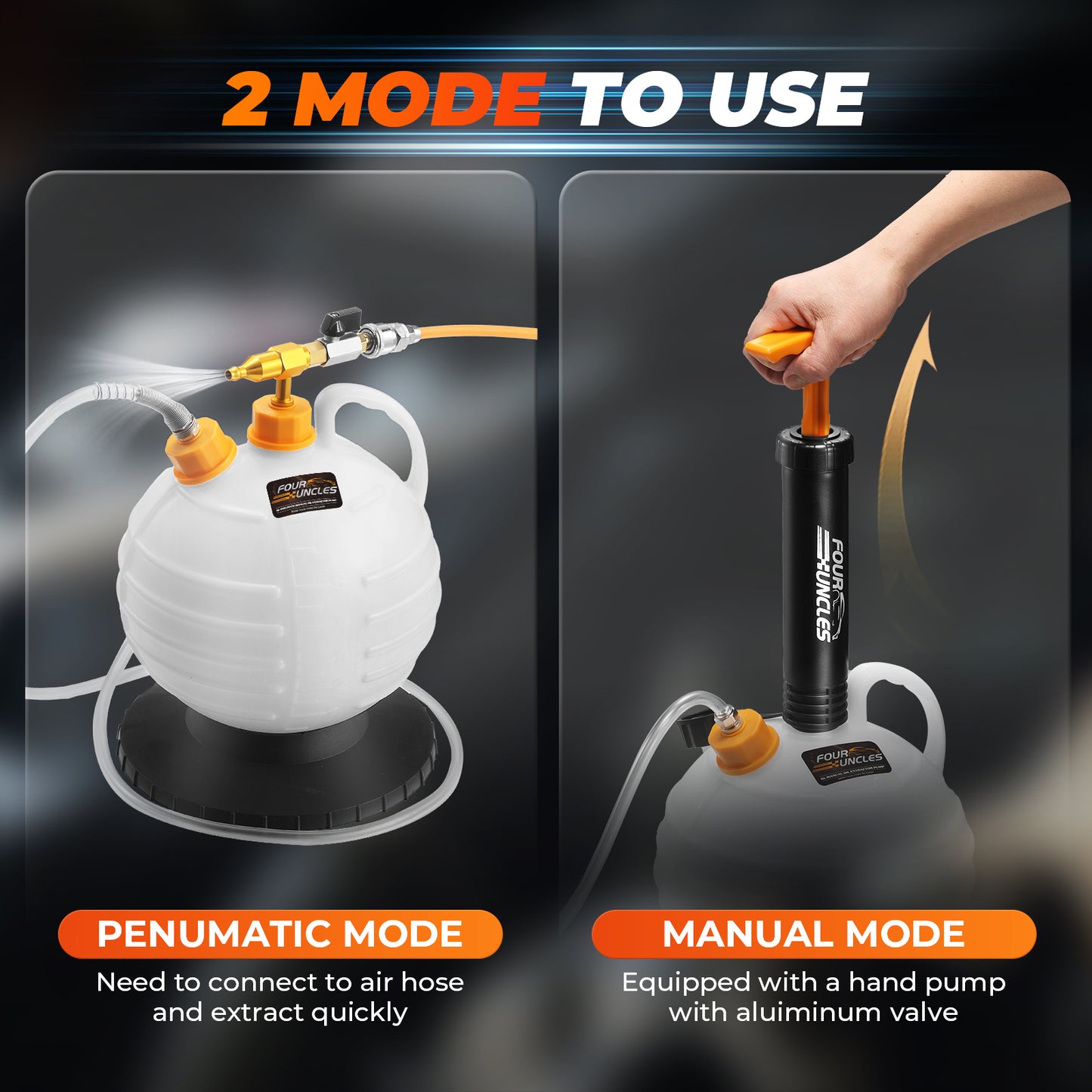 FOUR UNCLES 6L Manual & Pneumatic Oil Extractor – 182'' Reach, US/EU Adapters & Brake Hose