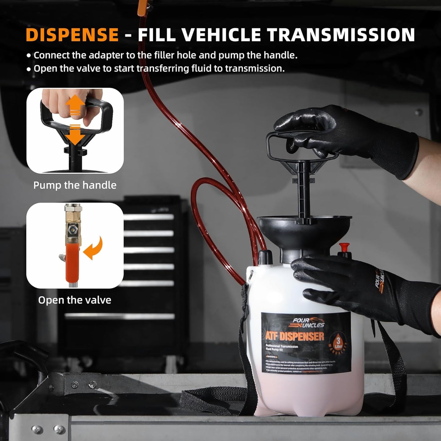 FOUR UNCLES 3L Transmission Fluid Transfer Pump Kit – Manual Pump with ATF Adapters & Quick Connect