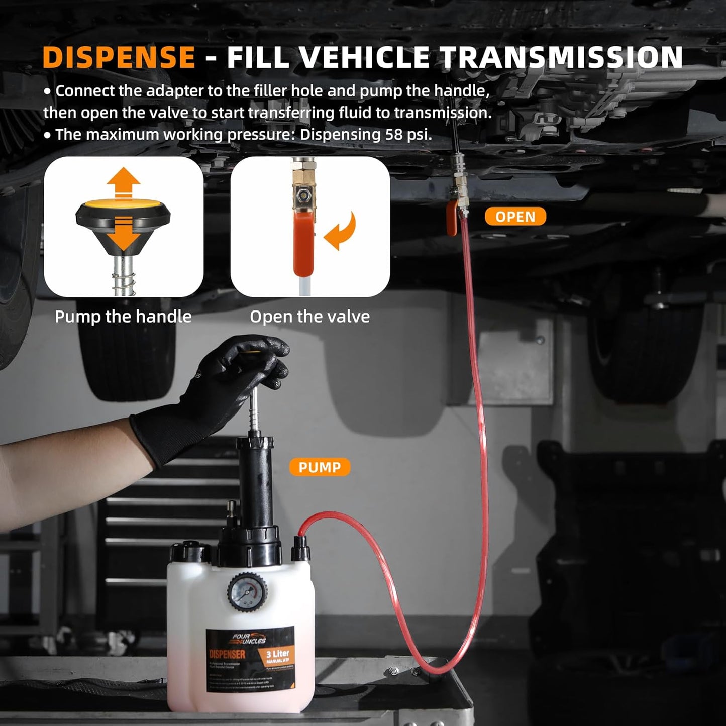 FOUR UNCLES 3L Transmission Fluid Transfer Pump Kit – Manual Pump with Pressure Gauge & Metal ATF Adapters