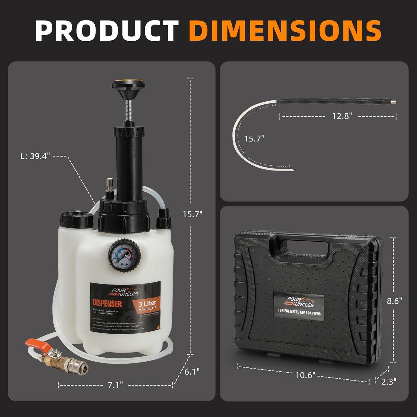 FOUR UNCLES 3L Transmission Fluid Transfer Pump Kit – Manual Pump with Pressure Gauge & Metal ATF Adapters