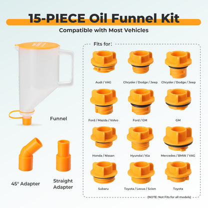 FOUR UNCLES® 1.5 Qt No-Spill Engine Oil Funnel Kit with 14 Adapters