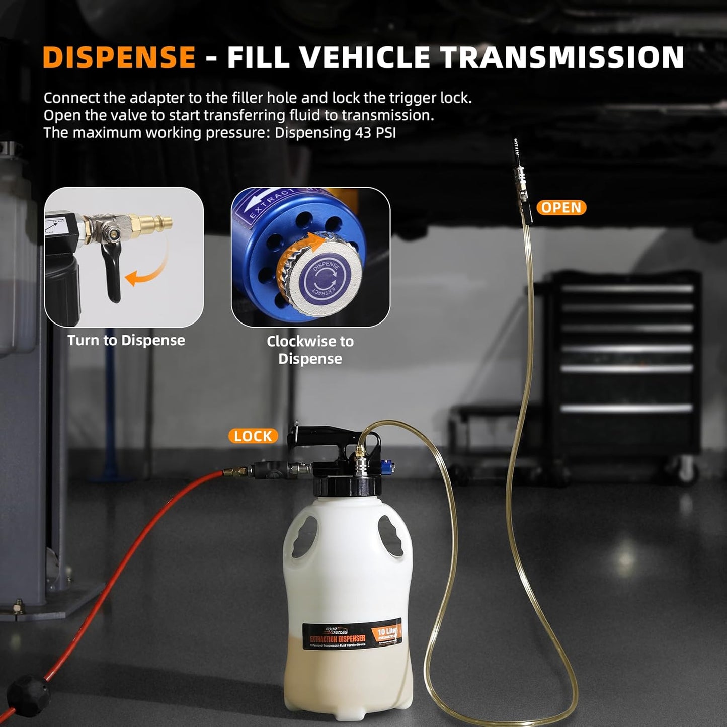 FOUR UNCLES 10L Pneumatic Transmission Pump – Metal ATF Adapters, 2-Way Mode & European Connector