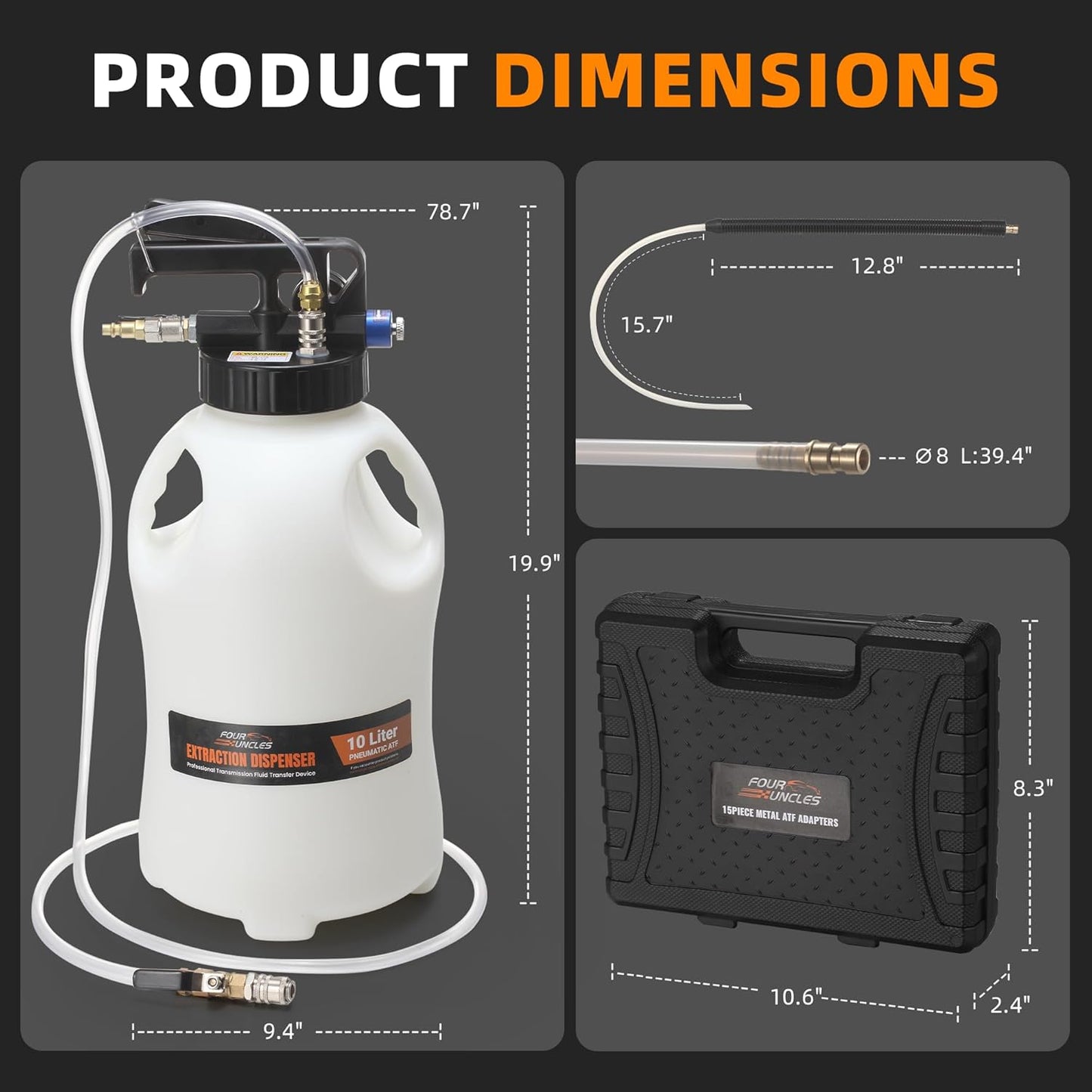 FOUR UNCLES 10L Pneumatic Transmission Pump – Metal ATF Adapters, 2-Way Mode & European Connector