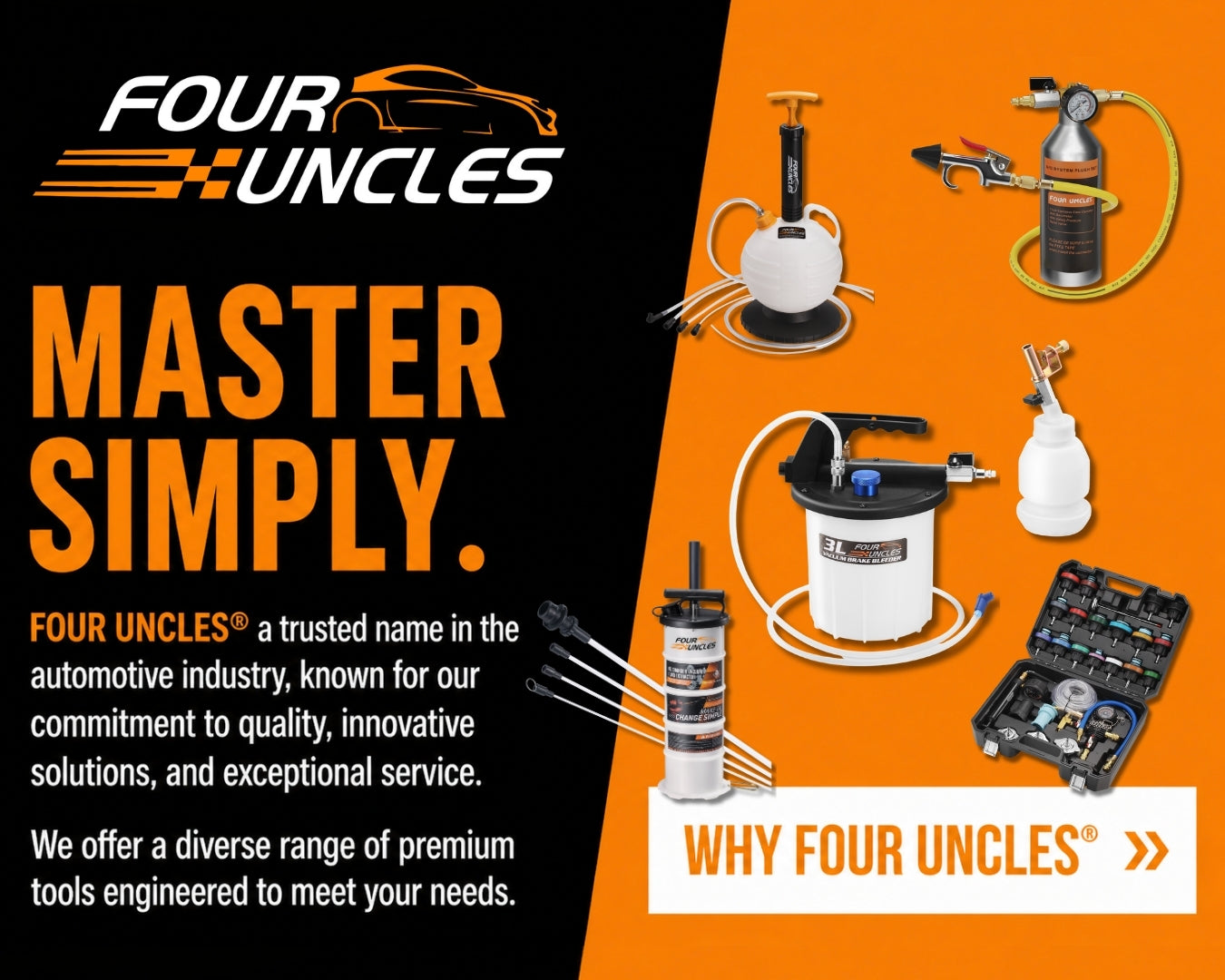 Fouruncles automotive tools about us section showcasing full range of professional car repair and maintenance tools